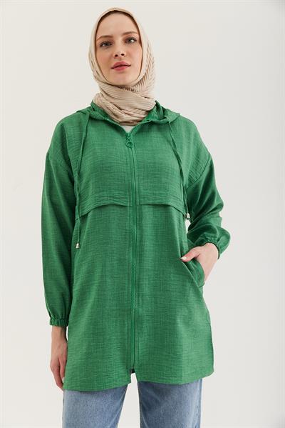 Araboy Kapşonlu Keten Kap Yeşil