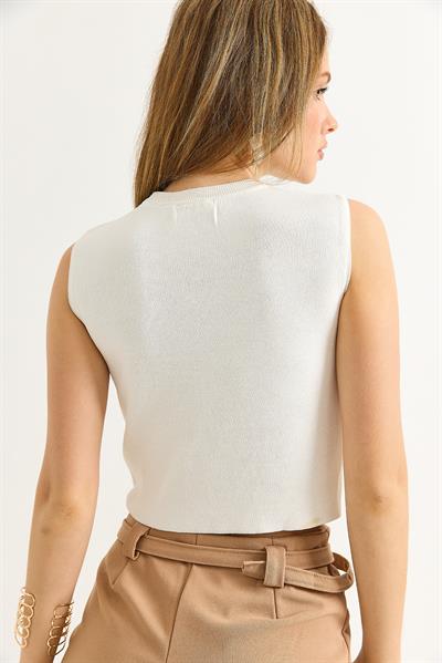 Bisiklet Yaka Sıfır Kol Crop Bluz Beyaz