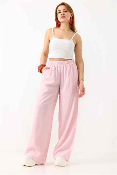 Kadın Taş Detaylı Bol Kesim Keten Görünümlü Pantolon Pembe