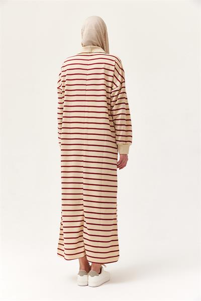 Yarım Fermuar Çizgili Uzun Elbise Bordo