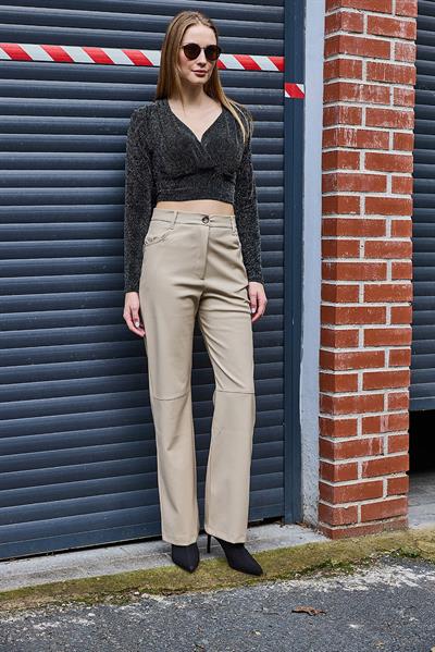 Kadın Bol Paça Tam Kalıp Deri Pantalon Bej