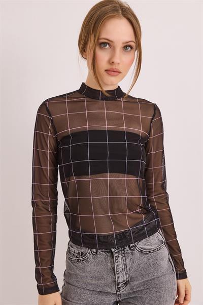 Desenli Siyah Transparan Esnek Şık Bluz Siyah