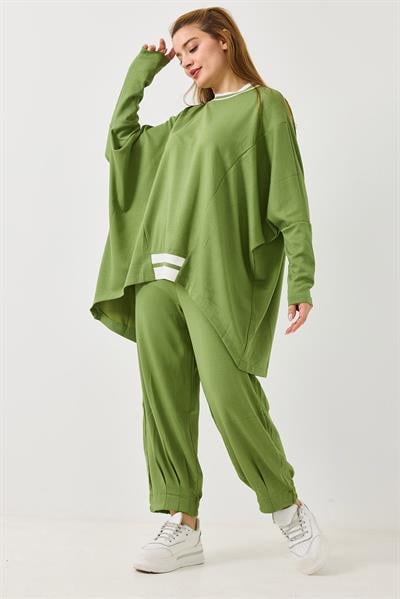 Kadın Beli Lastikli Dökümlü Model Oversize Eşofman Takım Yeşil
