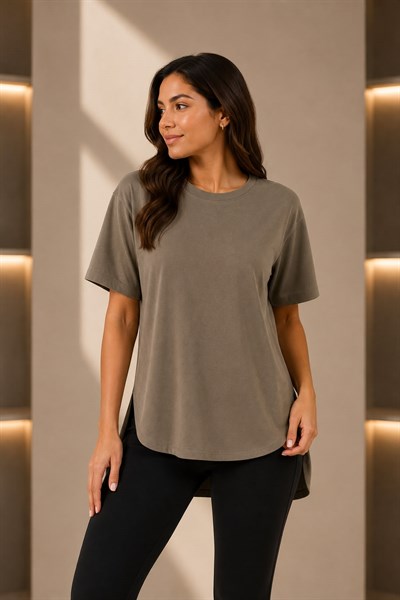 Kadın Bisiklet Yaka Kısa Kollu Oversize Tshirt Haki