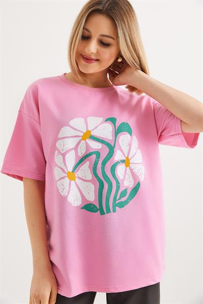 Baskılı Bisiklet Yaka Tshirt Pembe