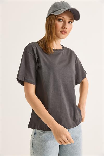 Bisiklet Yaka Kısa Kollu Fit Tshirt Füme