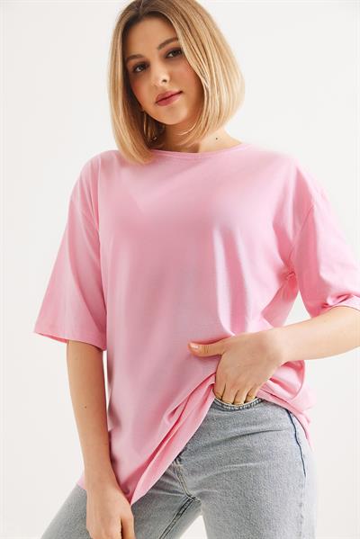 Oversize Bisiklet Yaka Basic Tshirt Pembe