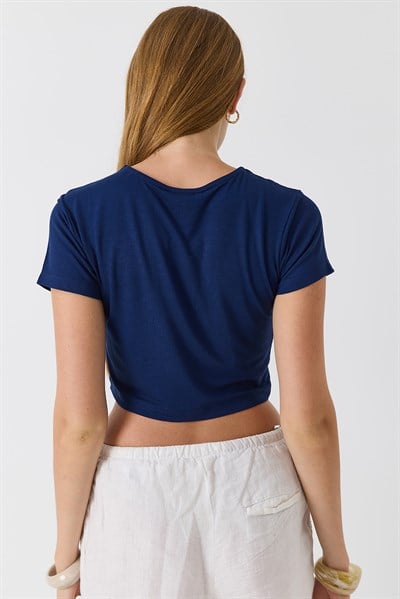 Kadın Bisiklet Yaka Penye Crop Bluz Lacivert