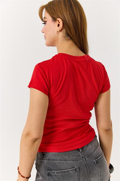 Kadın Yazı Baskılı Bisiklet Yaka Basic Tshirt Kırmızı