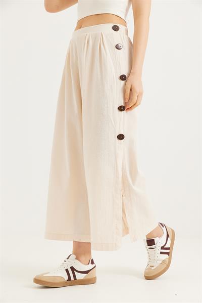 Yanları  Düğmeli  Bol Kesim Keten Pantolon  Krem