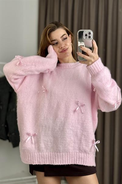 Kadın Kurdele Detaylı Oversize Triko Kazak Pembe