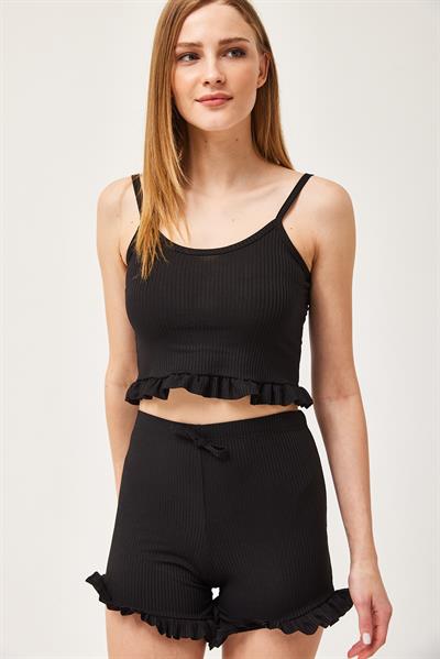 Askılı Fırfırlı Şortlu Takım Siyah