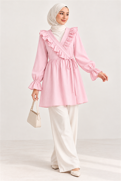 Fırfır Detaylı Bağlamalı Tunik Pembe