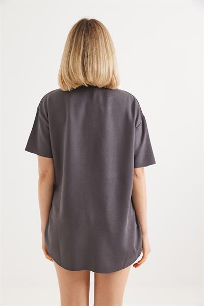 Eteği Oval Kesim Bisiklet Yaka Tshirt Füme