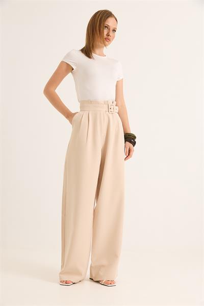 Yüksek Bel  Kemerli Bol Paça Pantolon Krem