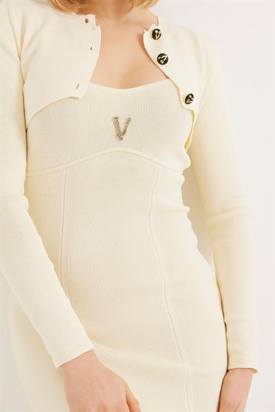 Yırtmaçlı Elbise Crop Ceket Takım Krem
