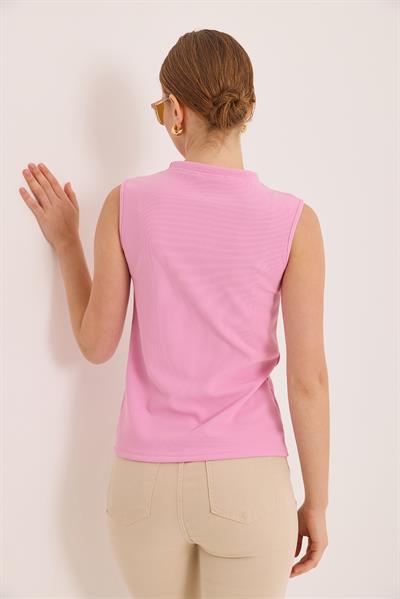 Bisiklet Yaka Gold Düğmeli Ottoman Fitilli Bluz Pembe