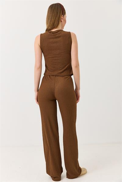Crop Yelek Pantolon İkili Takım Kahverengi