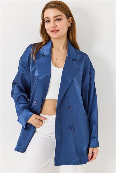 Kadın  Kruvaze Yaka Saten Oversize Blazer Ceket Saks