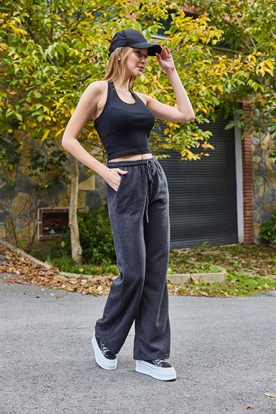 Kadın Selanik Yüksel Bel Esnek ve Dökümlü Triko Pantalon Füme