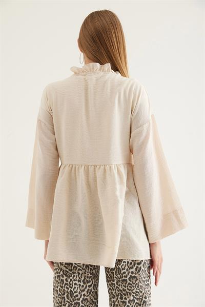 Yandan Bağlamalı Yakası Fırfırlı Kimono Krem