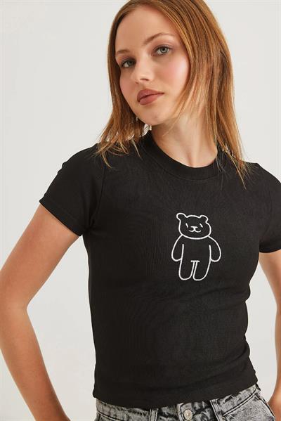 Ayıcık Nakışlı Kaşkorse Bluz Siyah