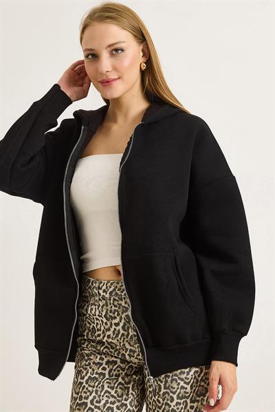 Kadın Oversize Kapüşonlu Fermuarlı Hırka Siyah