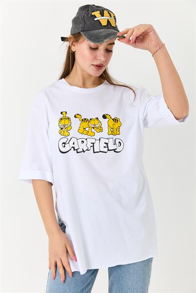 Kadın Garfield Baskılı Yanları Yırtmaçlı Bisiklet Yaka Tshirt Beyaz