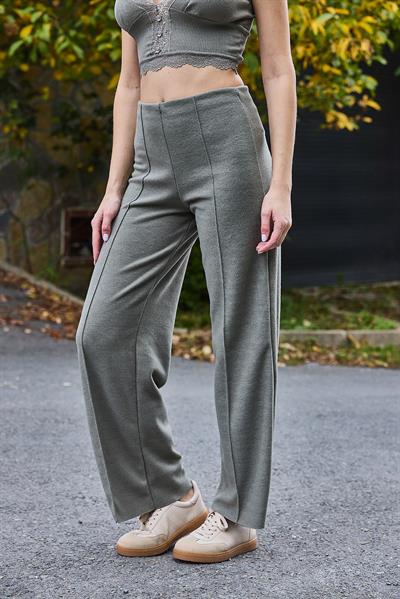 Yüksel Bel Dikiş Detaylı Spor ve Şık Likralı Örme Pantalon Yeşil