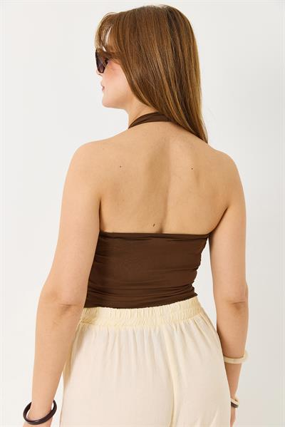 Kadın Boyundan Askılı Crop Bluz Kahverengi