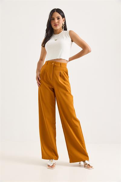 Yüksek Bel Bol Paça Pantalon Hardal