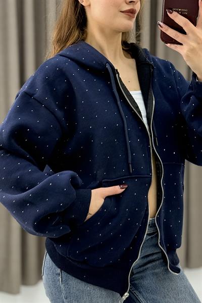 Kadın Taş Detaylı Kapüşonlu 3 İplik Fermuarlı Sweatshirt Lacivert