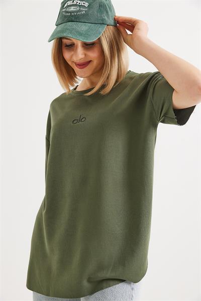 Eteği Oval Kesim Bisiklet Yaka Tshirt  Haki