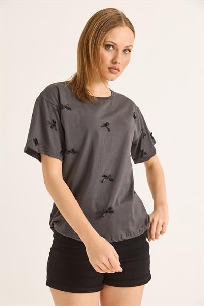 Fiyonk Detaylı Fit Pamuk Tshirt Füme