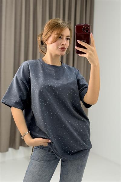 Bisiklet Yaka Taşlı Yarım Kol T-shirt Antrasit