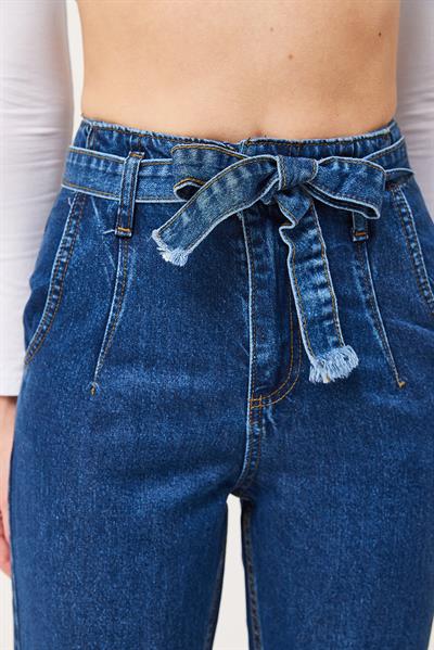 Yüksek Bel Kuşaklı Jeans Pantolon Lacivert