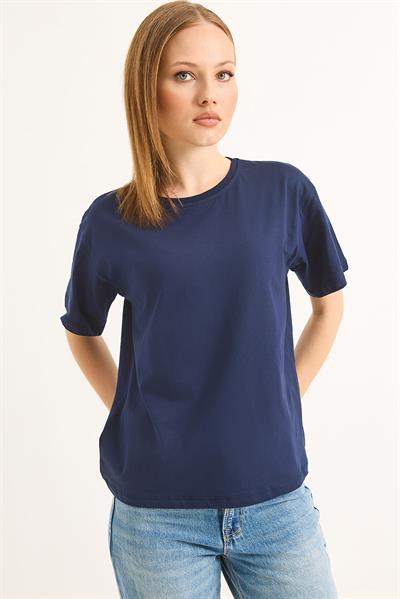 Bisiklet Yaka Kısa Kollu Fit Tshirt İndigo
