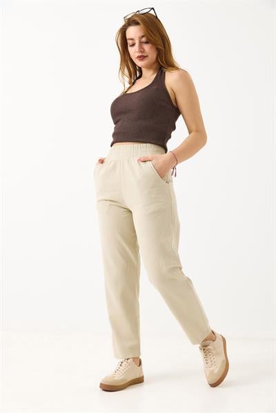 Kadın Kanvas Cepli Mom Pantolon Bej