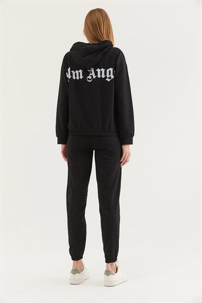 Kapüşonlu Paça Lastikli Eşofman Takım Siyah