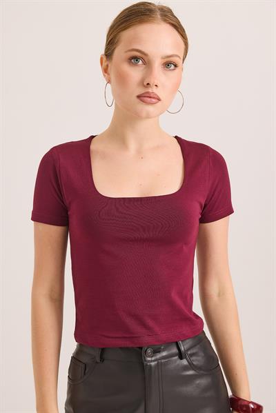Kare Yaka Esnek Pamuk Örme Bluz Bordo