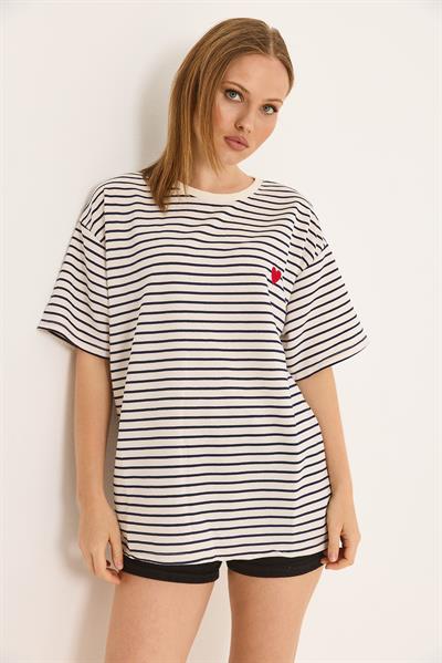 Kalp Nakışlı Çizgili Oversize Rahat Kalıp T-Shirt Siyah