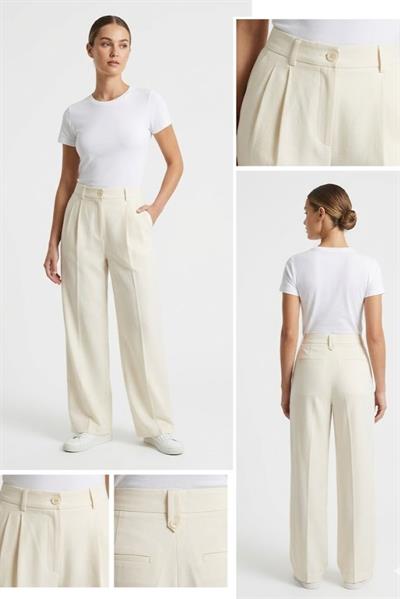 Kadın Rahat Kesim Bol Paça Yüksek Bel Pantolon Bej