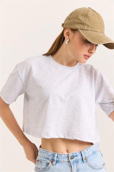 Bisiklet Yaka Havalı Crop İki İp Tshirt Açık Gri