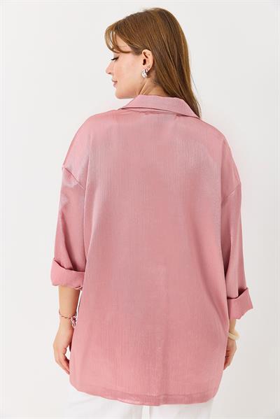 Kadın  Kruvaze Yaka Saten Oversize Blazer Ceket Pembe