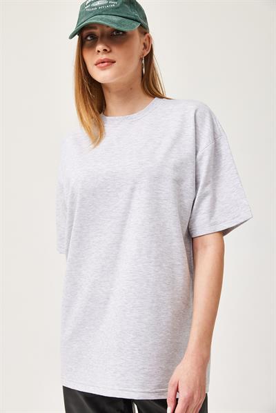 Basic Bisiklet Yaka Tshirt Gri