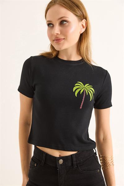 Bisiklet Yaka Kısa Kol Crop Bluz Siyah