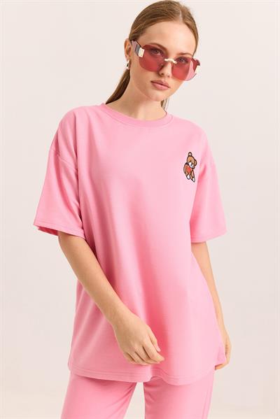 Ayıcık Nakışlı Oversize İki İp Tshirt  Pembe