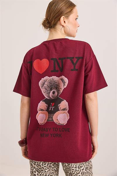 Ön Ve Arka Baskılı İki İp Oversize Örme Tshirt Bordo