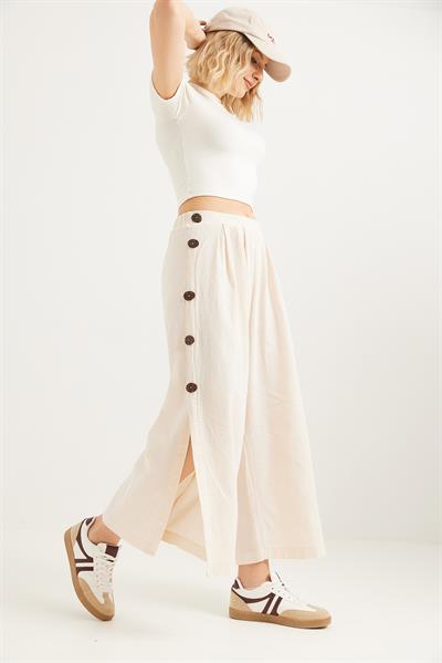 Yanları  Düğmeli  Bol Kesim Keten Pantolon  Krem