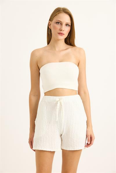 Gofre Kumaş Bel Lastikli Kadın Şort Beyaz